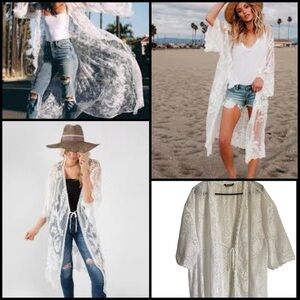 Bloomchic White Lace Kimono Duster Tie Front Long Boho Beach Cardigan 18/20